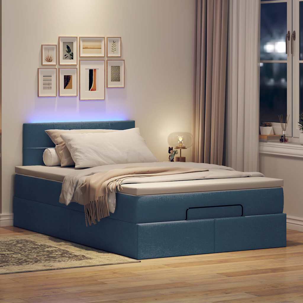 vidaXL Pat otoman cu saltea și LED-uri, țesătură albastră 120x200 cm