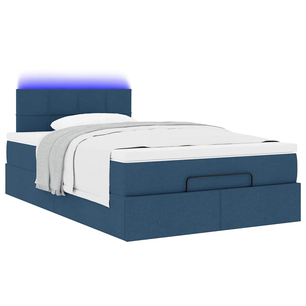 vidaXL Pat otoman cu saltea și LED-uri, țesătură albastră 120x200 cm