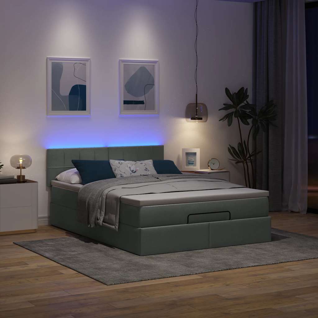 vidaXL Pat otoman cu saltea și LED-uri țesătură gri închis 140x190 cm