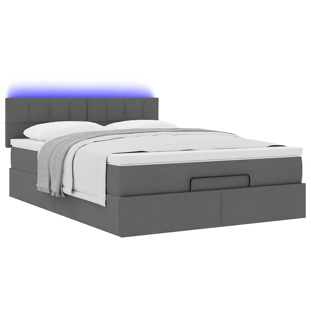 vidaXL Pat otoman cu saltea și LED-uri țesătură gri închis 140x200 cm