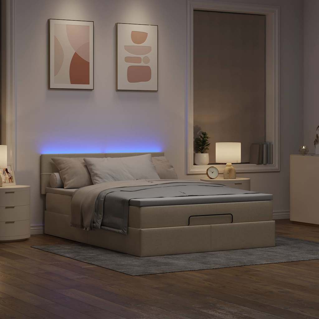 vidaXL Pat otoman cu saltea și LED-uri crem 140x200 cm țesătură