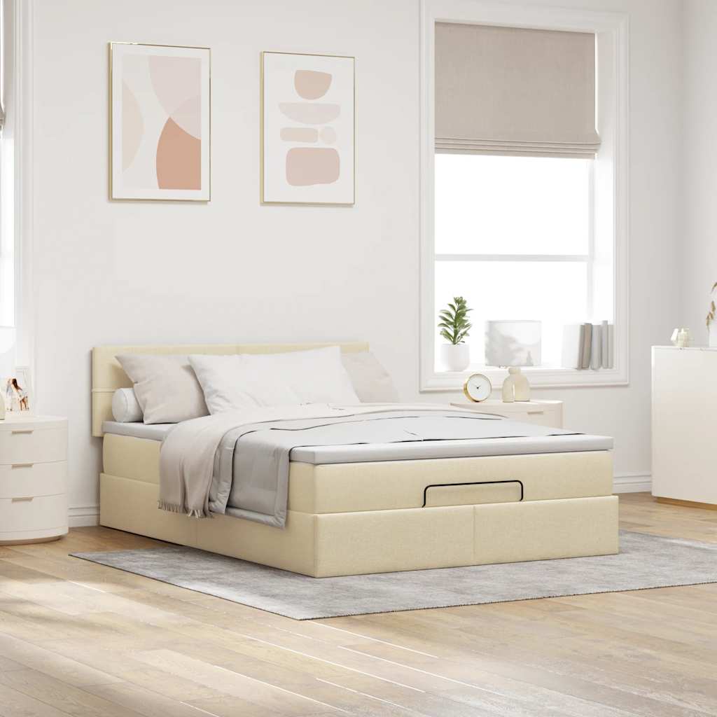 vidaXL Pat otoman cu saltea și LED-uri crem 140x200 cm țesătură