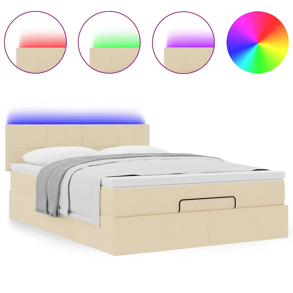 vidaXL Pat otoman cu saltea și LED-uri crem 140x200 cm țesătură