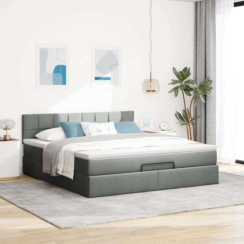 vidaXL Pat otoman cu saltea și LED-uri, gri închis, 180x200cm, textil