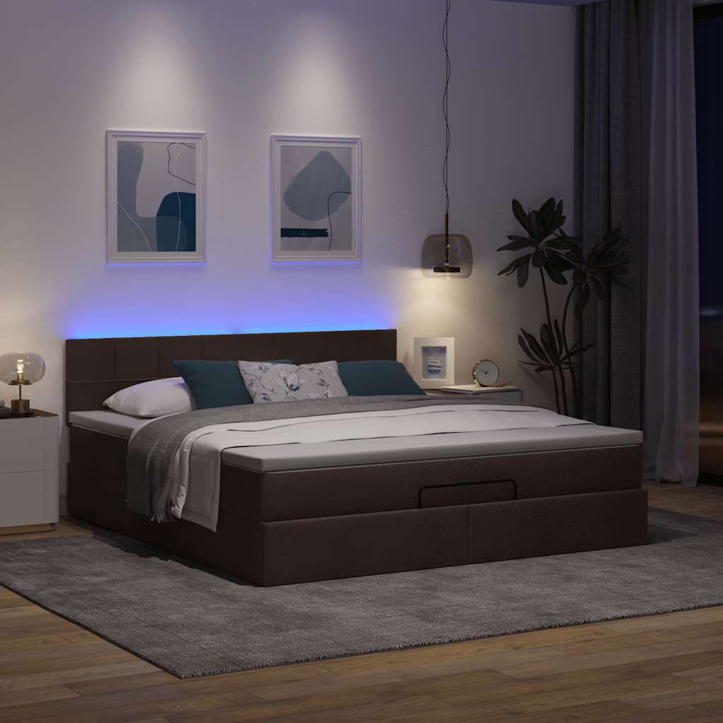 vidaXL Pat otoman cu saltea și LED-uri, maro închis, 180x200cm, textil