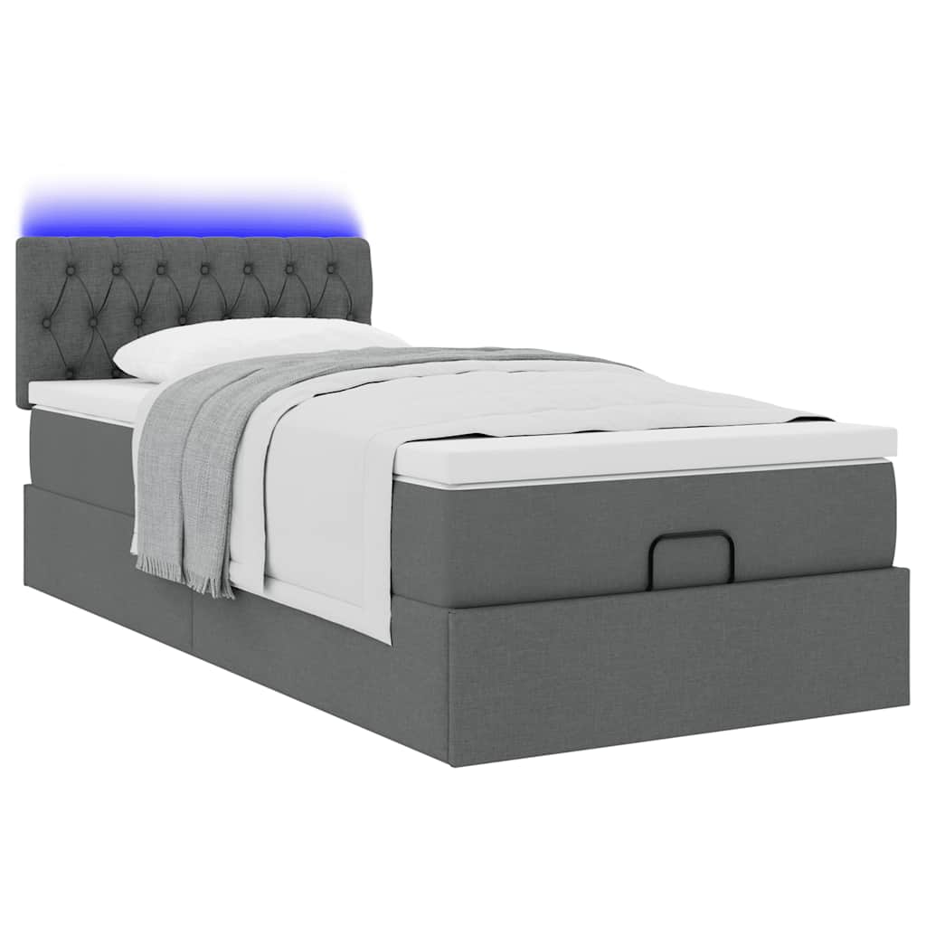 vidaXL Pat otoman cu saltea și LED-uri, gri închis, 90x200 cm, textil