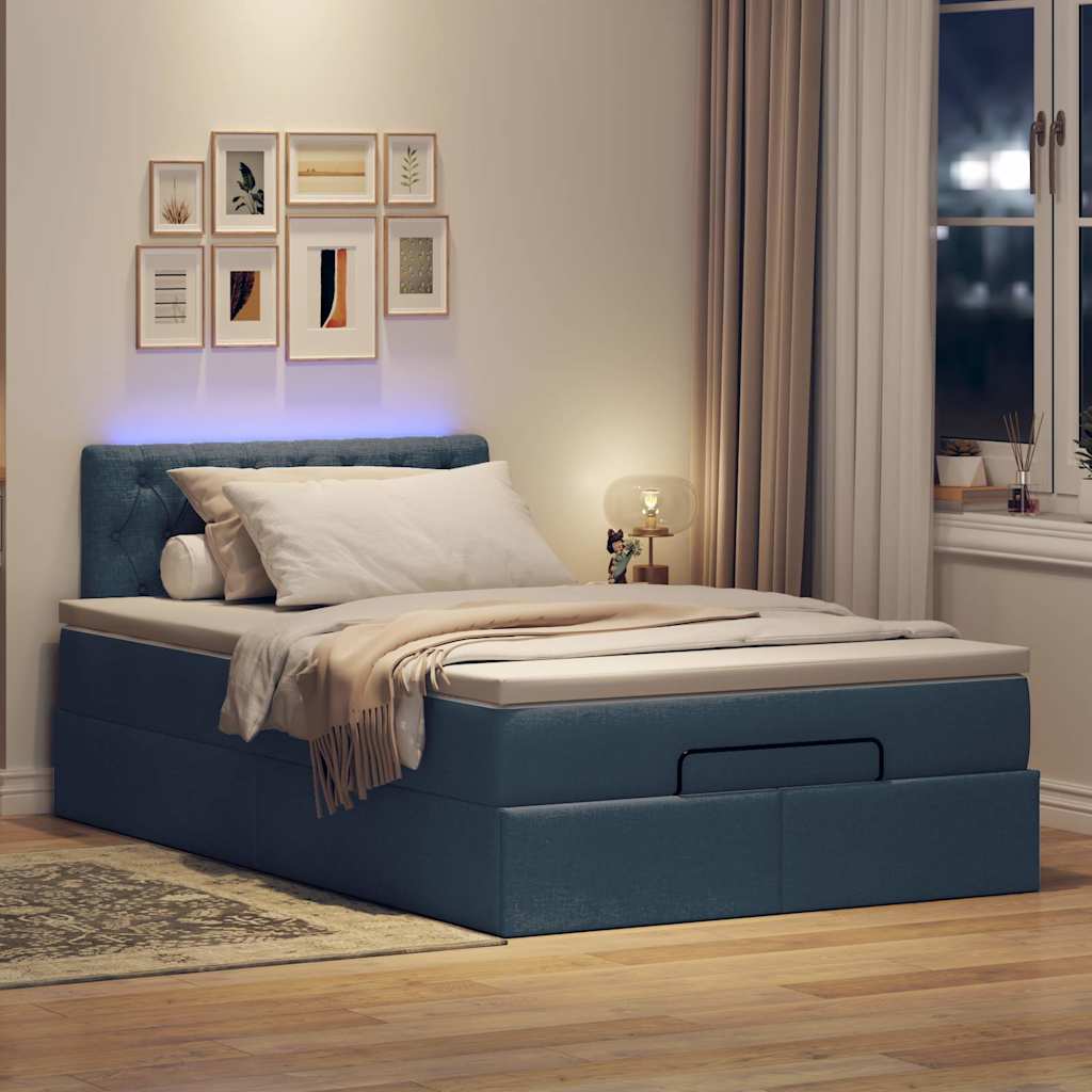 vidaXL Pat otoman cu saltea și LED-uri, țesătură albastră 120x200 cm