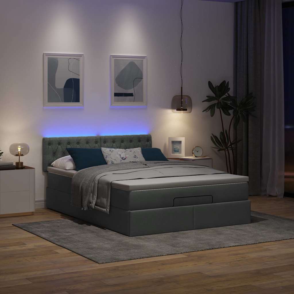 vidaXL Pat otoman cu saltea și LED-uri țesătură gri închis 140x190 cm