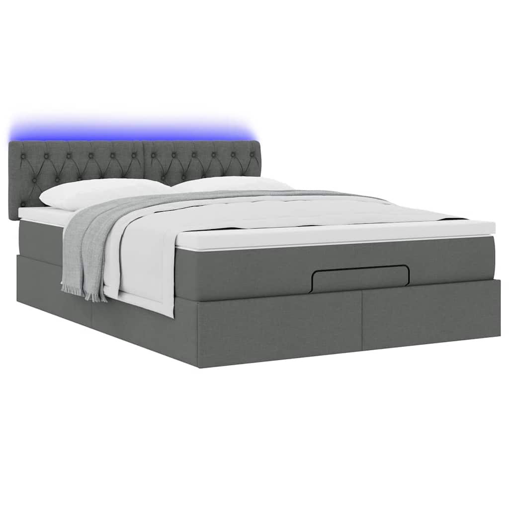 vidaXL Pat otoman cu saltea și LED-uri țesătură gri închis 140x190 cm
