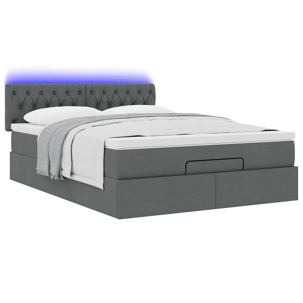 vidaXL Pat otoman cu saltea și LED-uri țesătură gri închis 140x200 cm