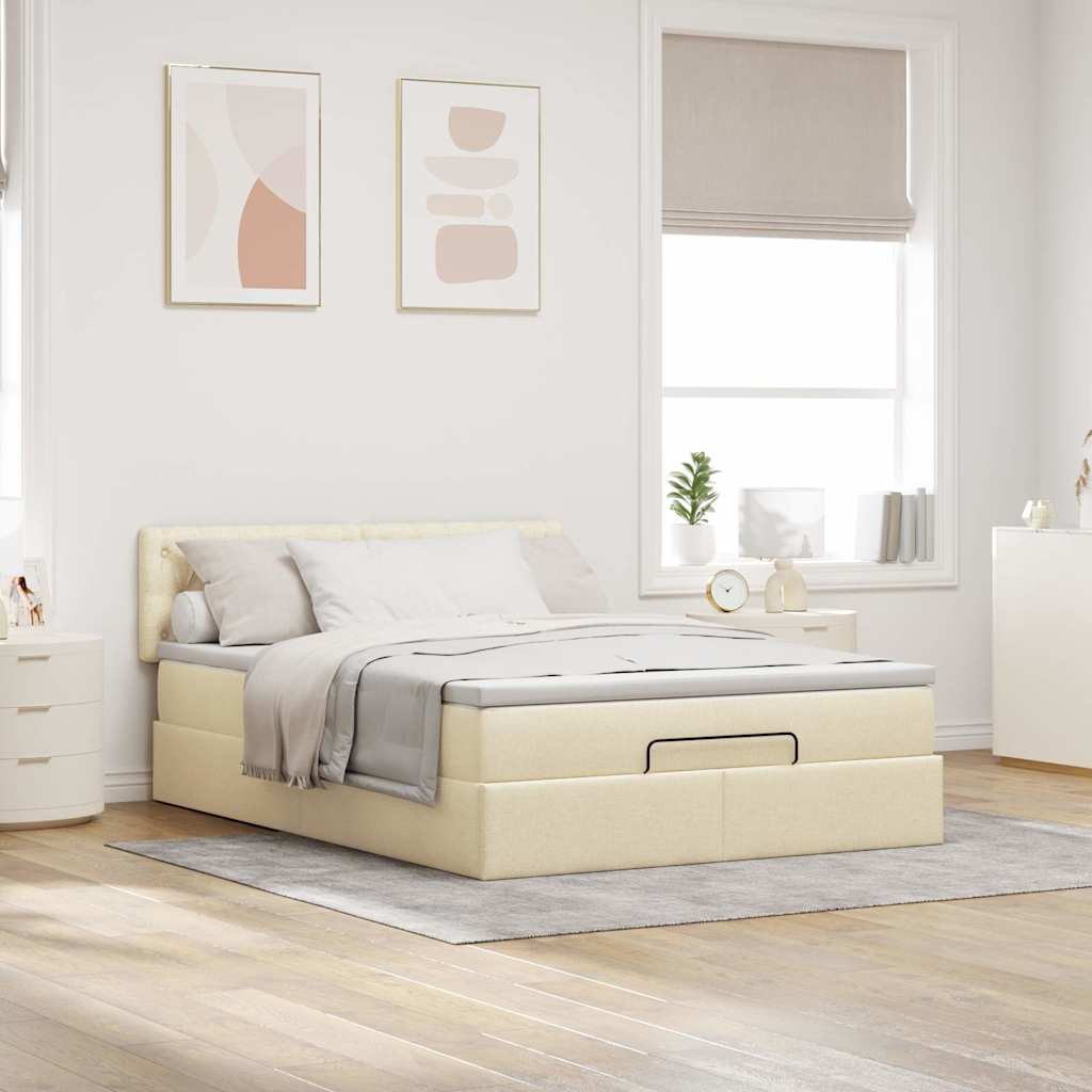 vidaXL Pat otoman cu saltea și LED-uri crem 140x200 cm țesătură
