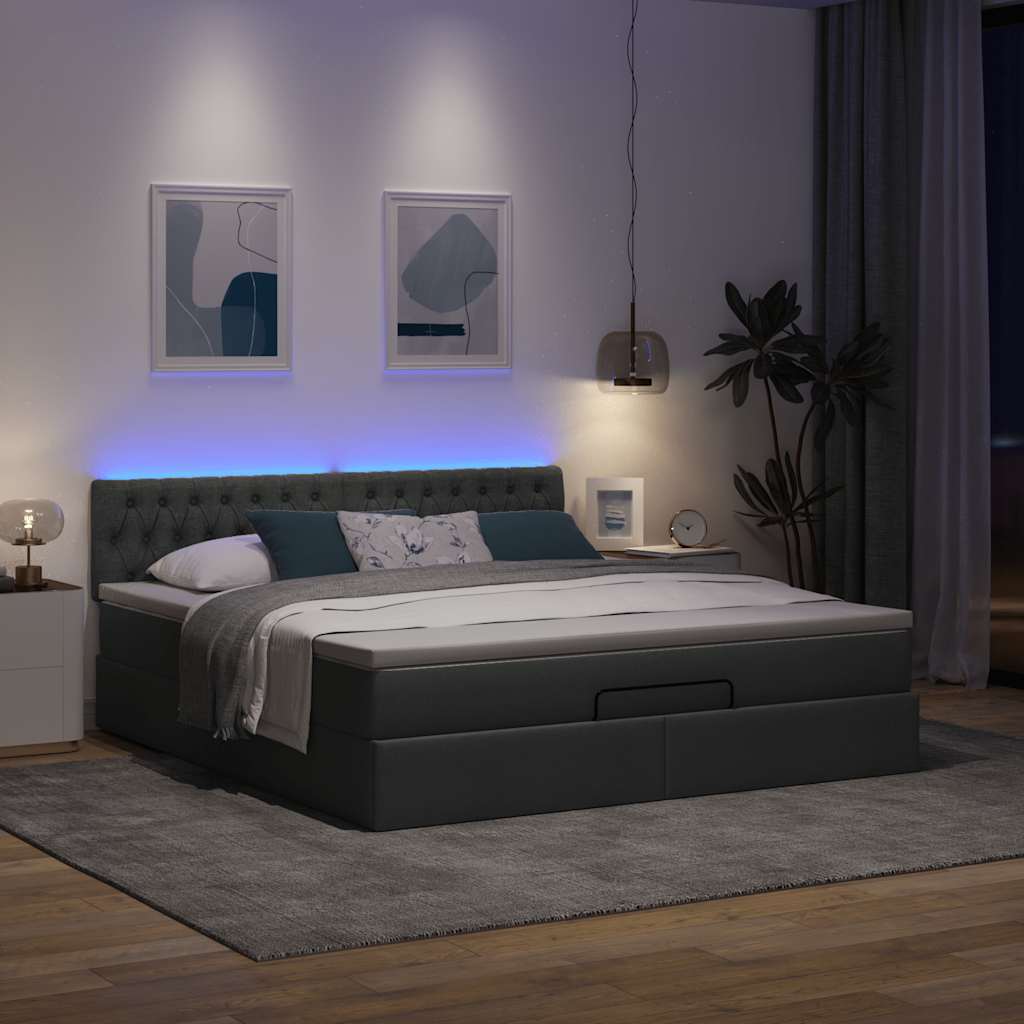 vidaXL Pat otoman cu saltea și LED-uri, gri închis, 180x200cm, textil