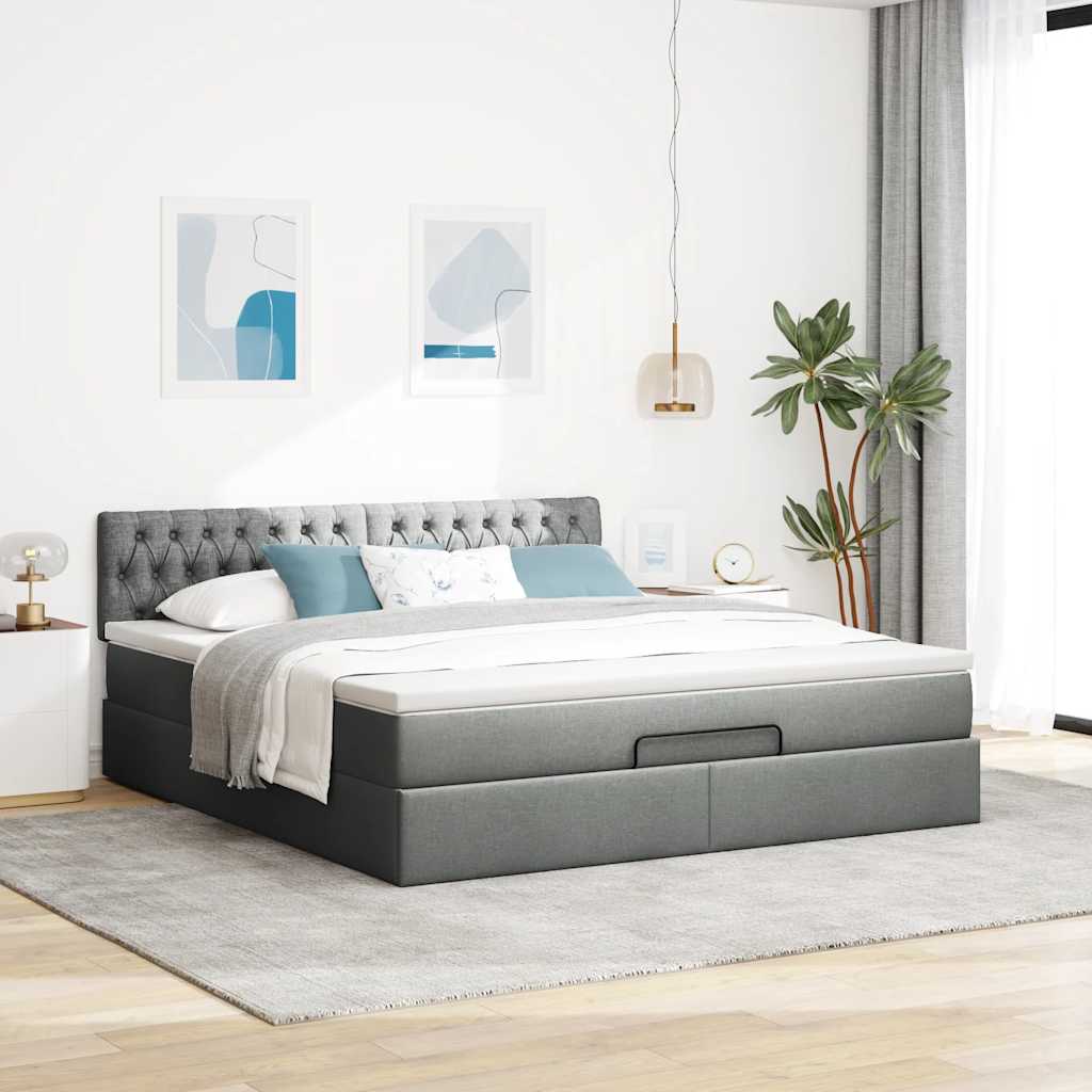 vidaXL Pat otoman cu saltea și LED-uri, gri închis, 180x200cm, textil