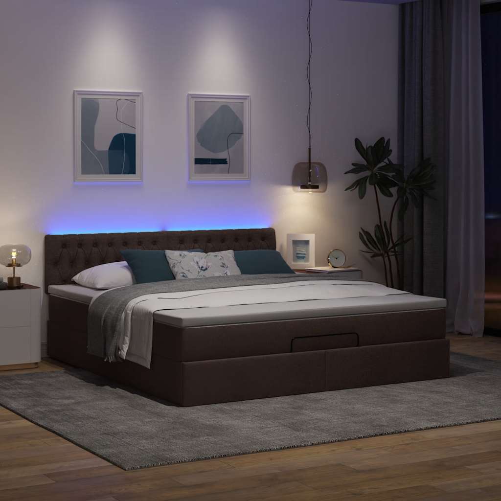 vidaXL Pat otoman cu saltea și LED-uri, maro închis, 180x200cm, textil