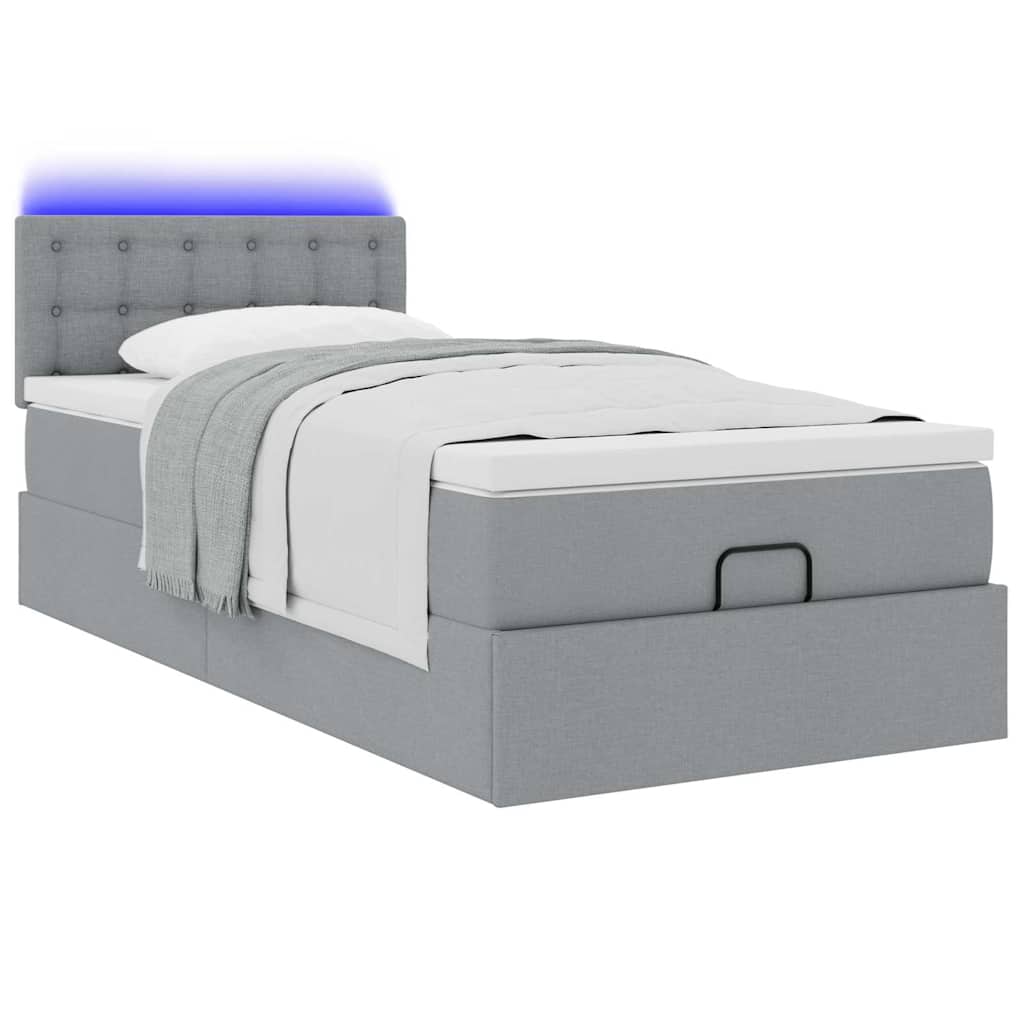 vidaXL Pat otoman cu saltea și LED-uri, gri deschis, 90x200 cm, textil
