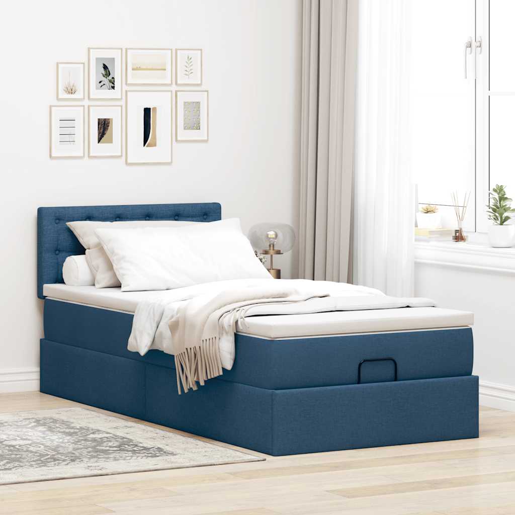 vidaXL Pat otoman cu saltea și LED-uri albastru 100x200 cm țesătură