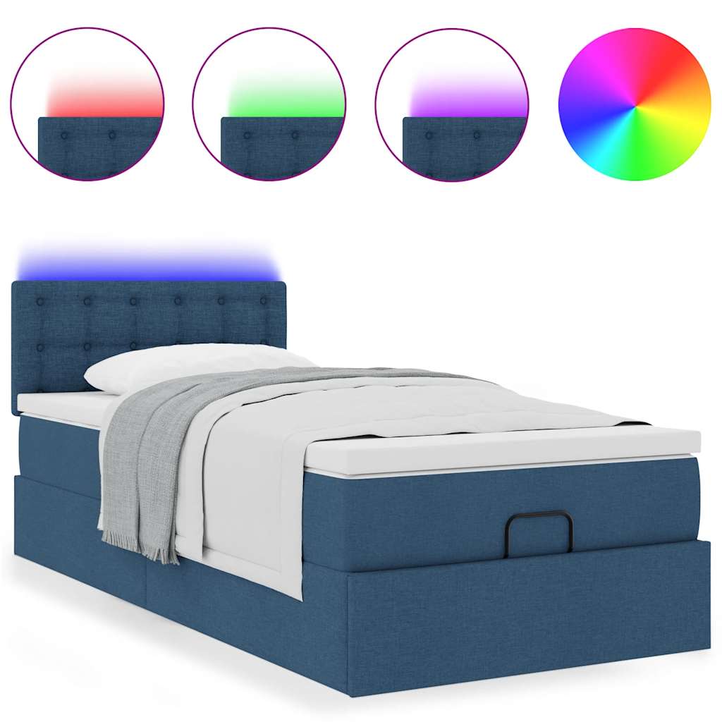 vidaXL Pat otoman cu saltea și LED-uri albastru 100x200 cm țesătură