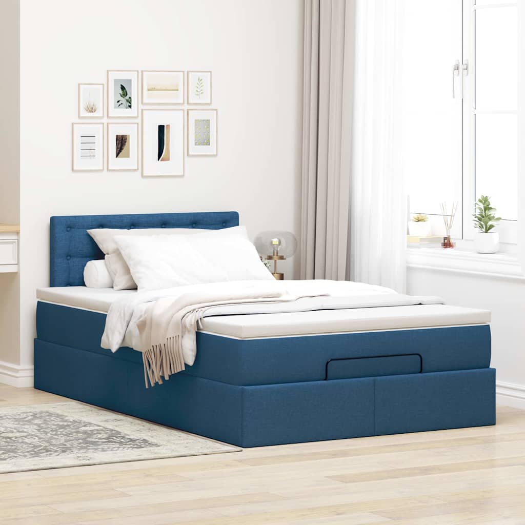 vidaXL Pat otoman cu saltea și LED-uri, țesătură albastră 120x200 cm
