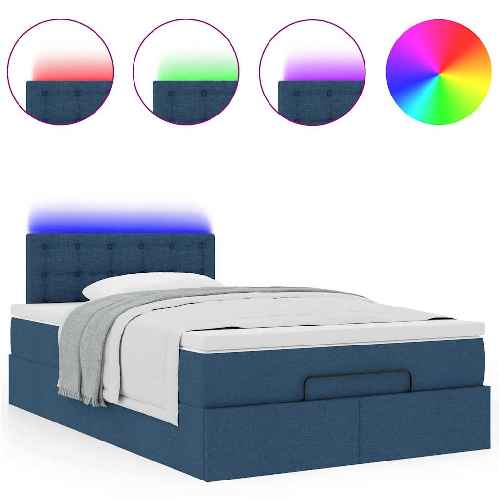 vidaXL Pat otoman cu saltea și LED-uri, țesătură albastră 120x200 cm
