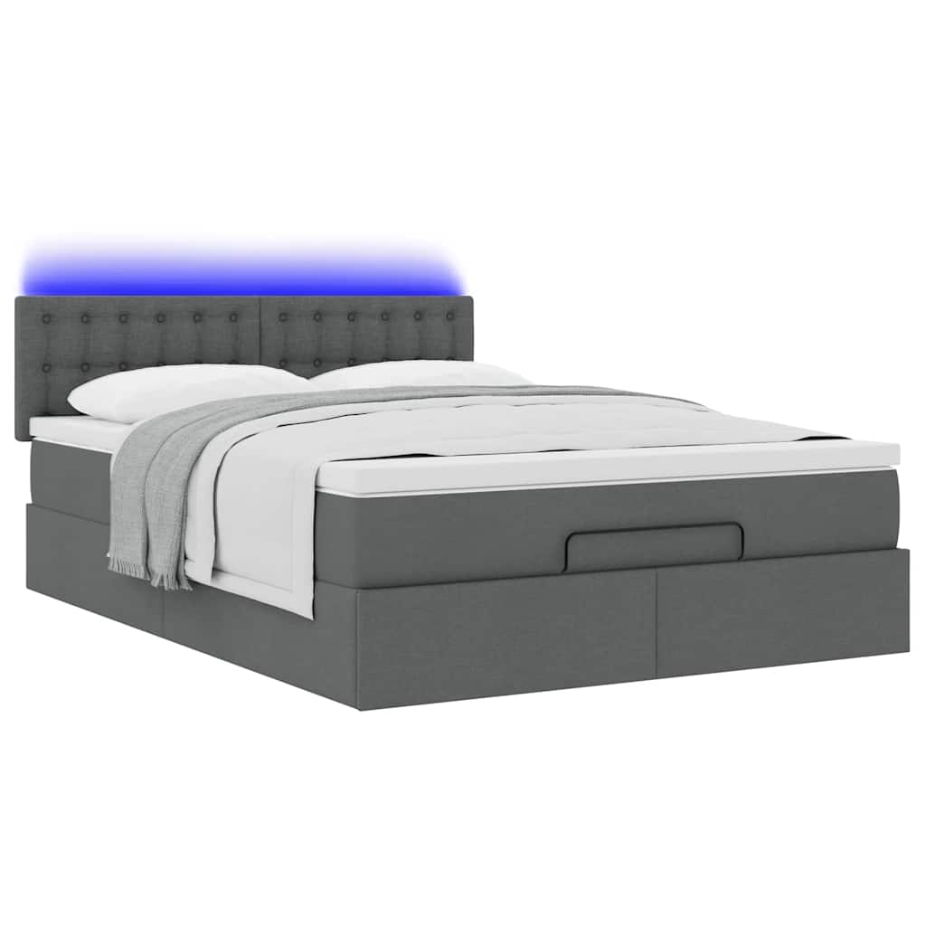 vidaXL Pat otoman cu saltea și LED-uri țesătură gri închis 140x190 cm