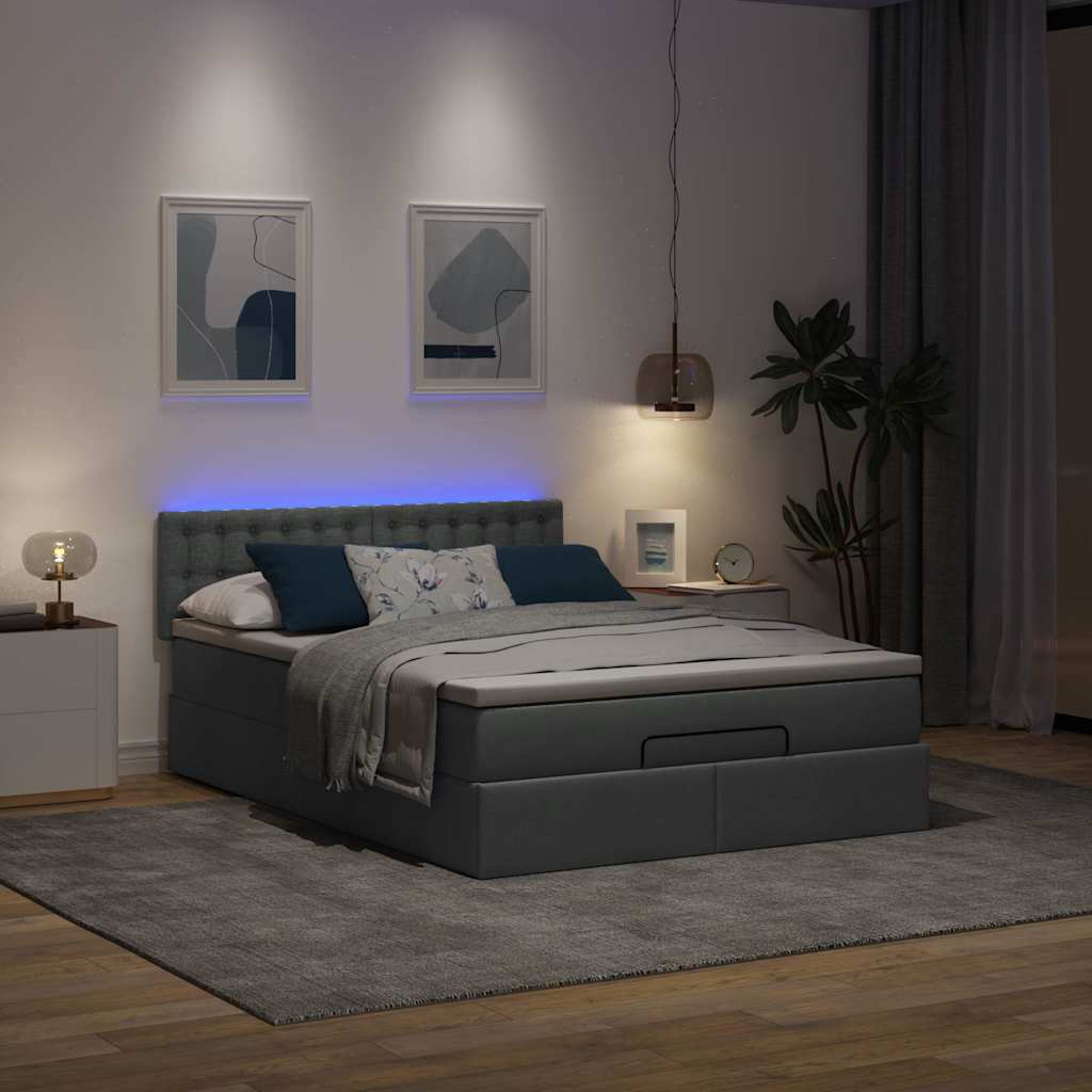 vidaXL Pat otoman cu saltea și LED-uri țesătură gri închis 140x200 cm