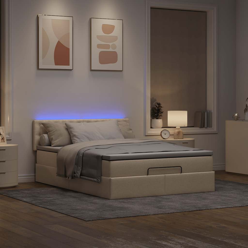 vidaXL Pat otoman cu saltea și LED-uri crem 140x200 cm țesătură