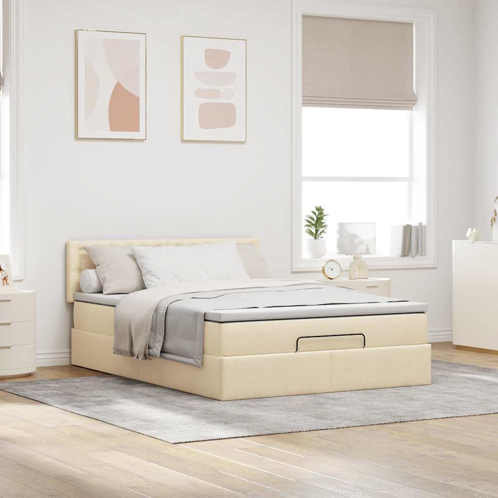 vidaXL Pat otoman cu saltea și LED-uri crem 140x200 cm țesătură