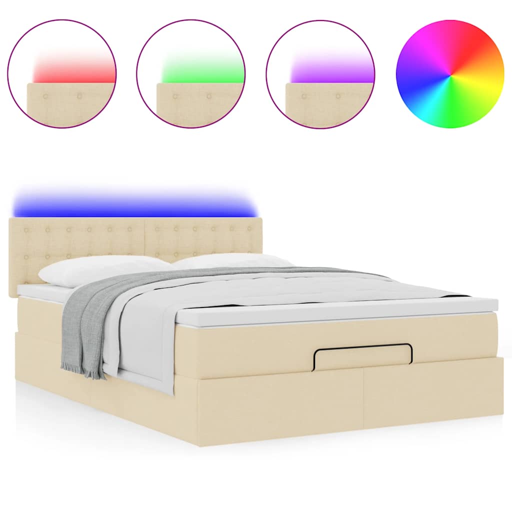 vidaXL Pat otoman cu saltea și LED-uri crem 140x200 cm țesătură