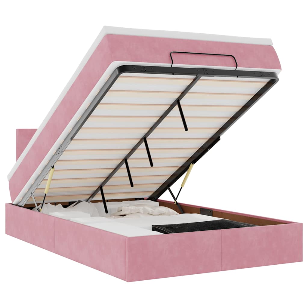 vidaXL Pat otoman cu saltea și LED-uri, roz, 120x190cm, catifea