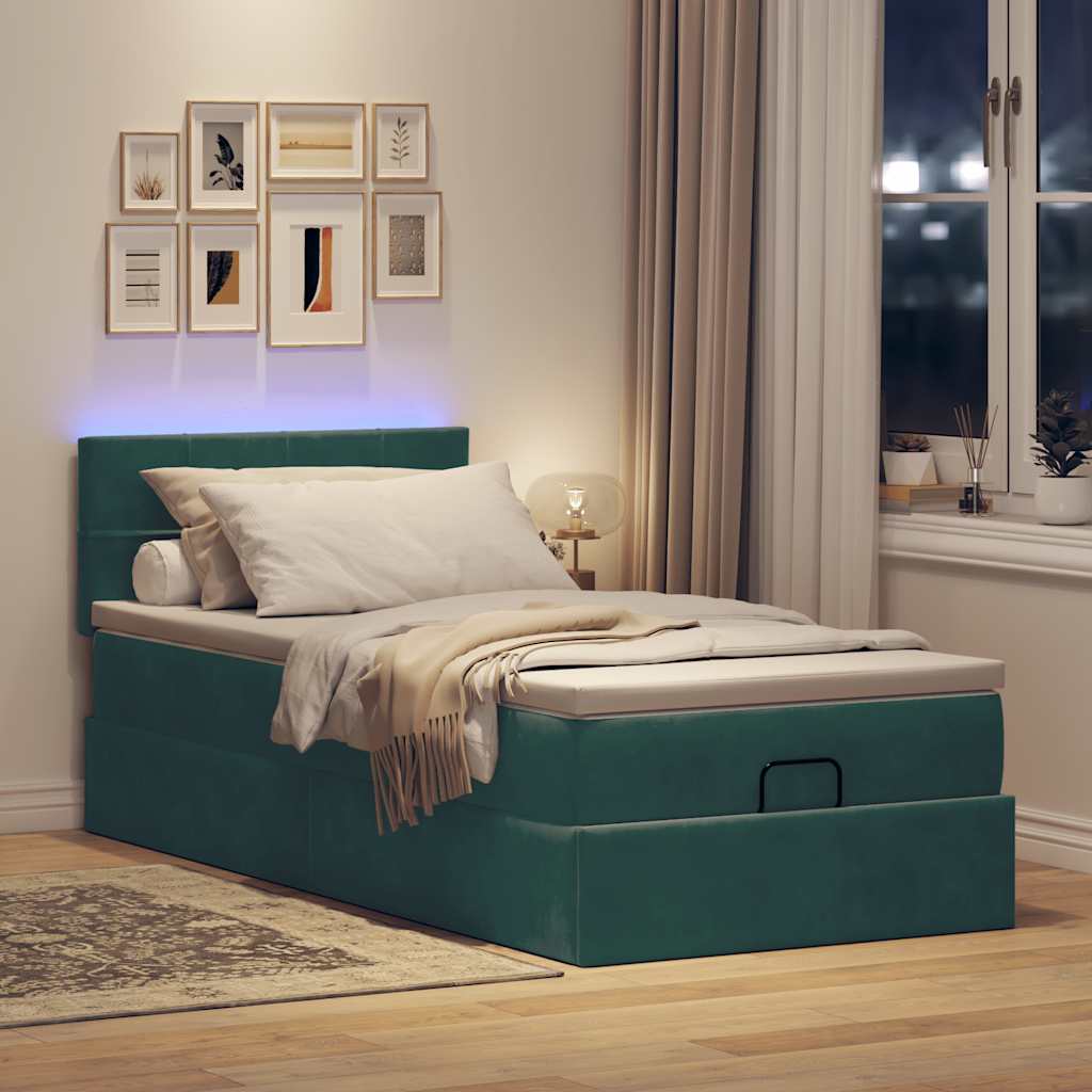 vidaXL Pat otoman cu saltea și LED-uri, verde închis, 90x200cm catifea