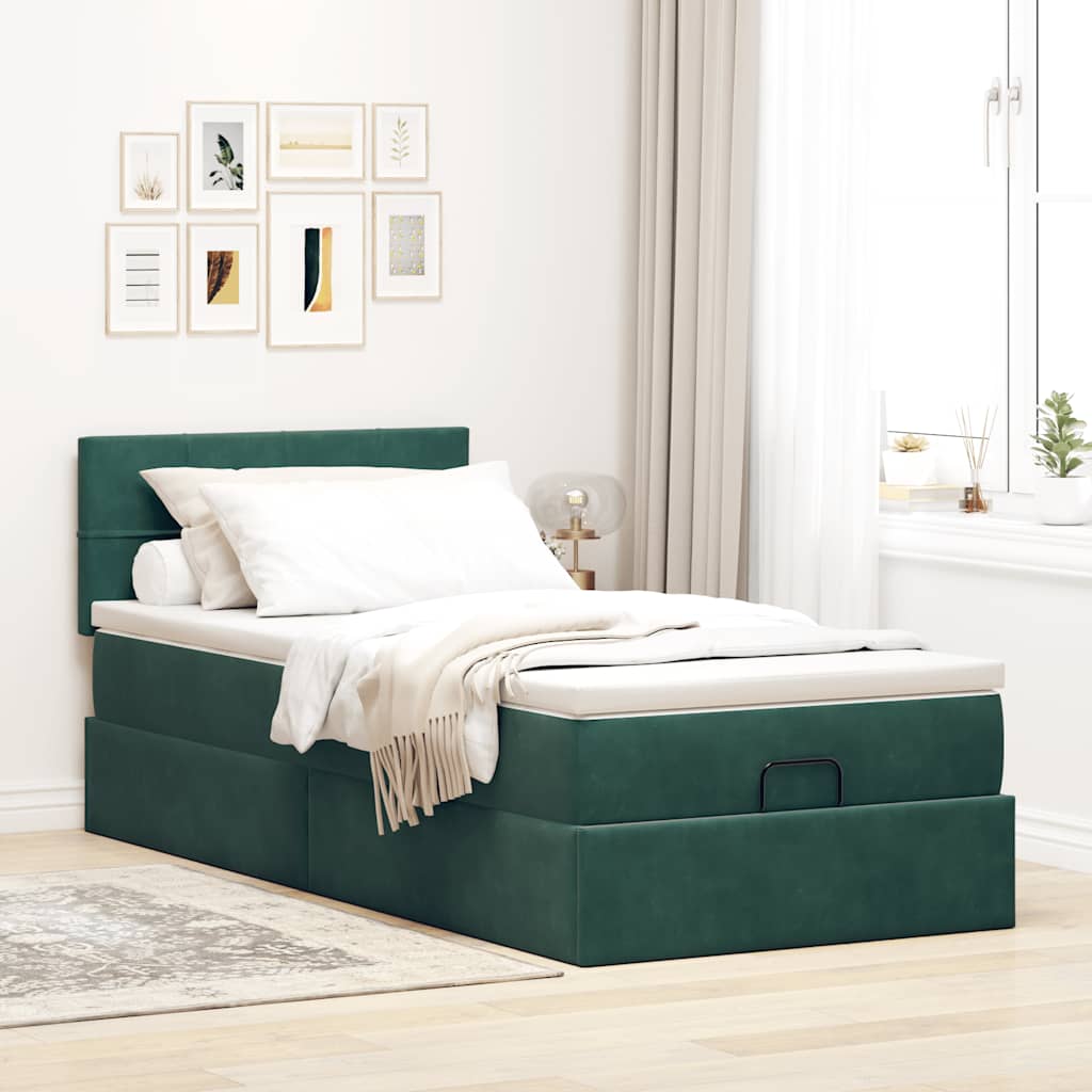 vidaXL Pat otoman cu saltea și LED-uri, verde închis, 90x200cm catifea