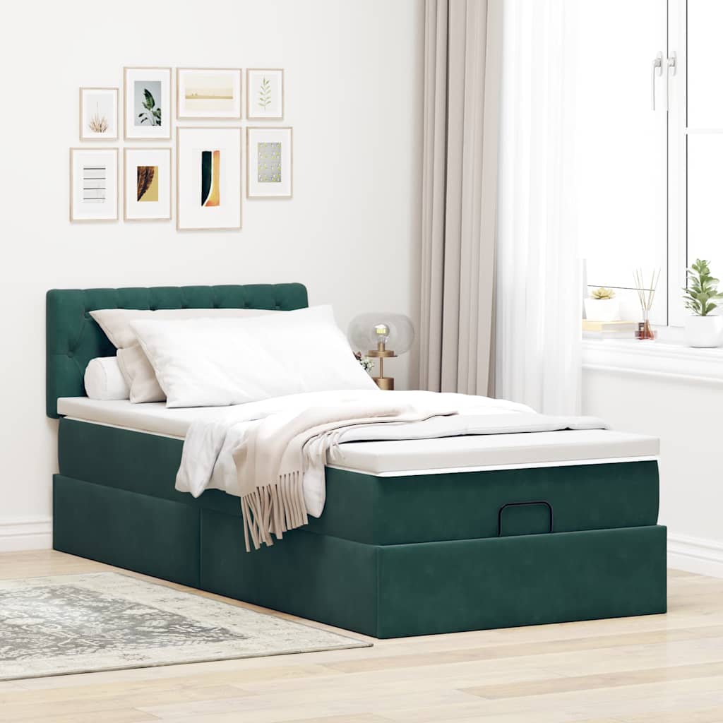vidaXL Pat otoman cu saltea și LED-uri, verde închis, 90x200cm catifea