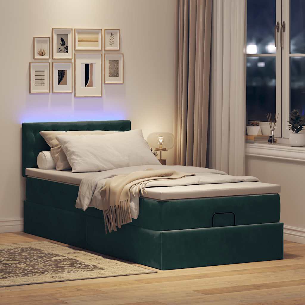 vidaXL Pat otoman cu saltea și LED-uri, verde închis, 90x200cm catifea