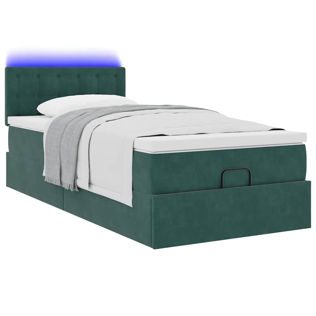 vidaXL Pat otoman cu saltea și LED-uri, verde închis, 90x200cm catifea