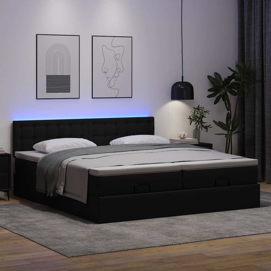 vidaXL Pat otoman cu saltele și LEDs, negru 180x200cm, piele ecologică vidaXL Pat otoman cu saltele și LEDs, negru 180x200cm, piele ecologică