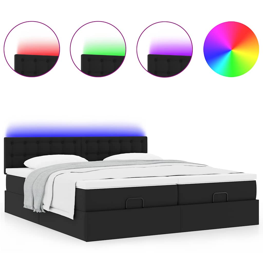 vidaXL Pat otoman cu saltele și LEDs, negru 180x200cm, piele ecologică vidaXL Pat otoman cu saltele și LEDs, negru 180x200cm, piele ecologică