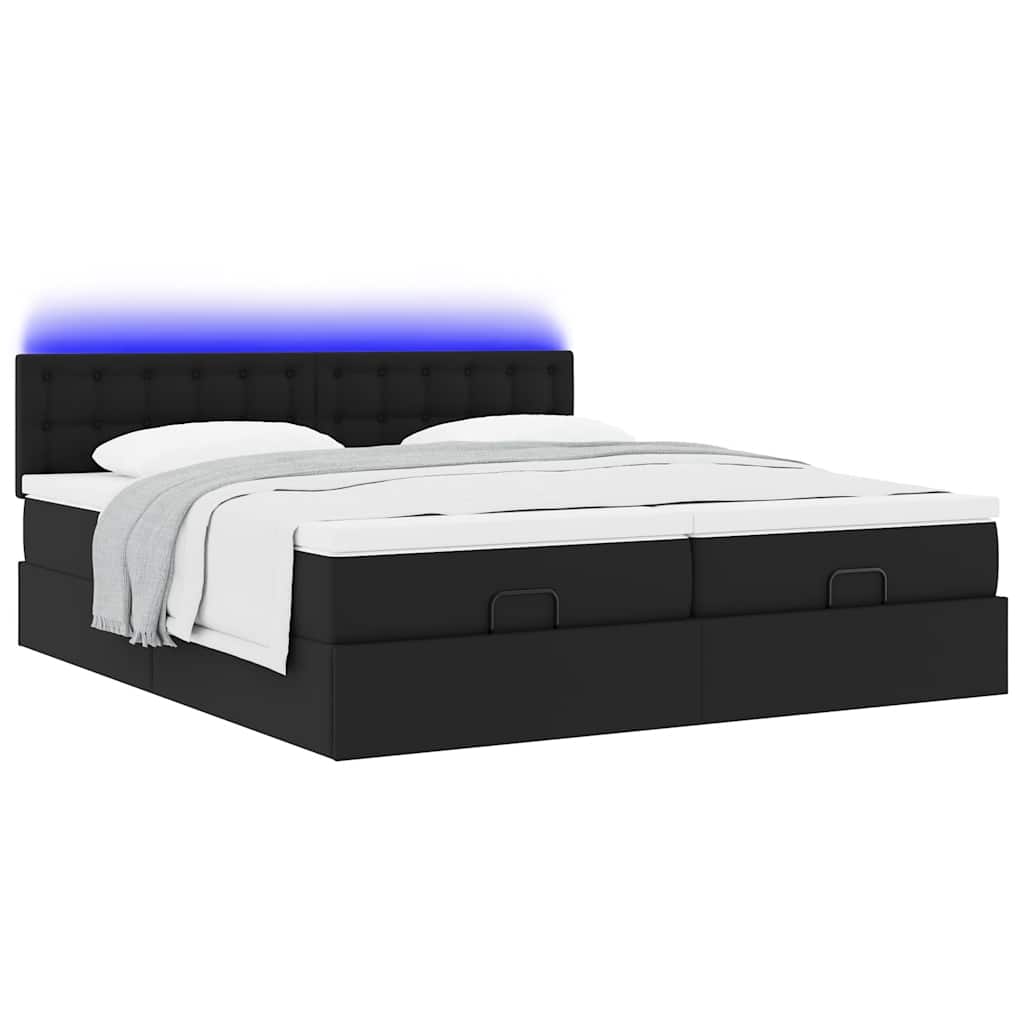 vidaXL Pat otoman cu saltele și LEDs, negru 180x200cm, piele ecologică vidaXL Pat otoman cu saltele și LEDs, negru 180x200cm, piele ecologică