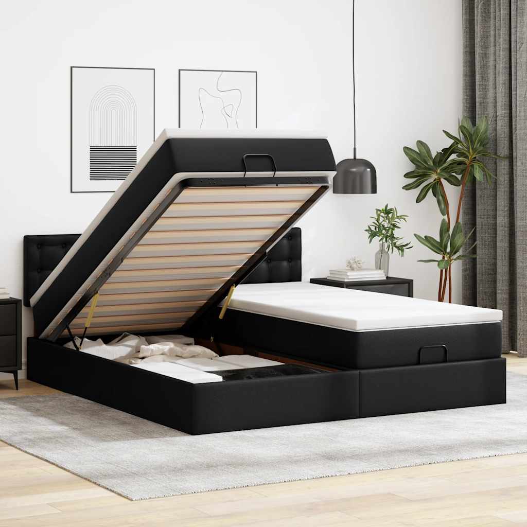 vidaXL Pat otoman cu saltele și LEDs, negru 180x200cm, piele ecologică vidaXL Pat otoman cu saltele și LEDs, negru 180x200cm, piele ecologică