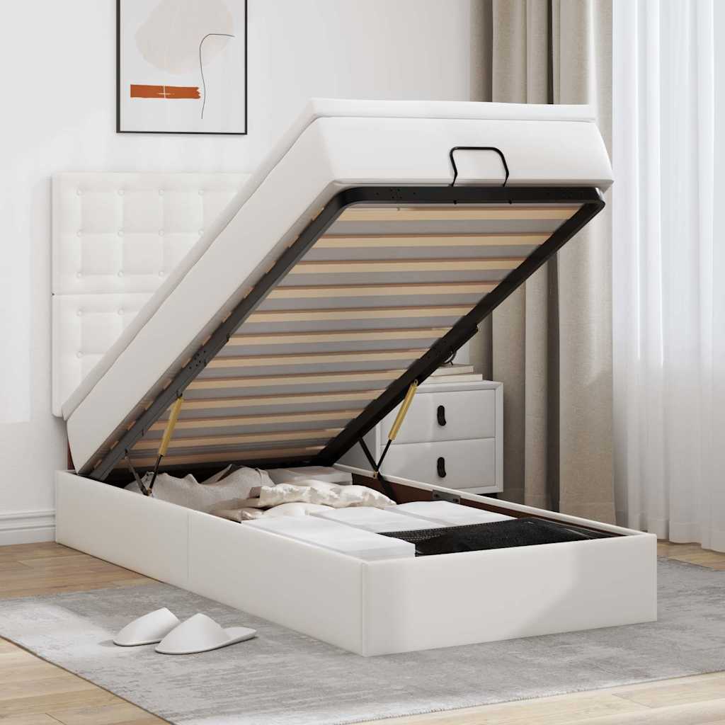 vidaXL Pat otoman cu saltea, alb, 100x200cm, piele ecologică