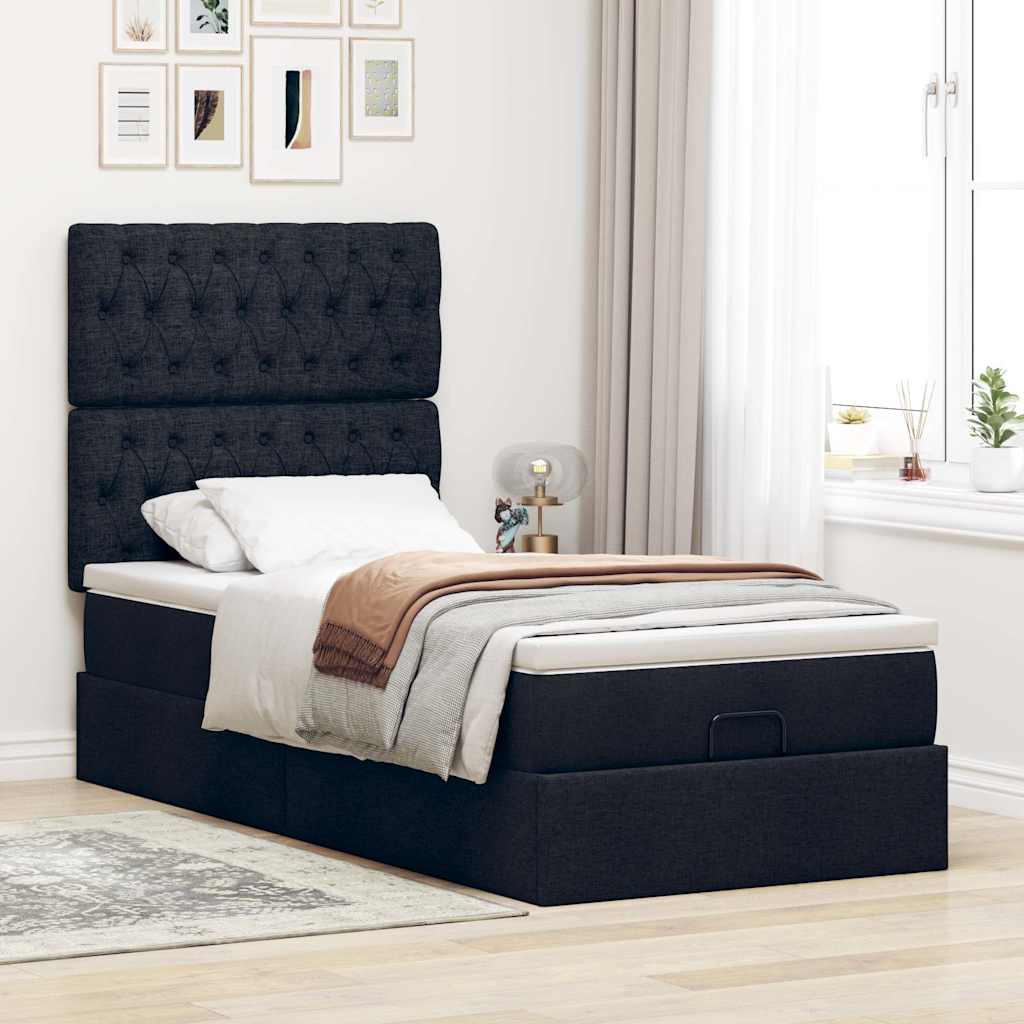 vidaXL Pat otoman cu saltea negru 100x200 cm stofa vidaXL Pat otoman cu saltea negru 100x200 cm stofa