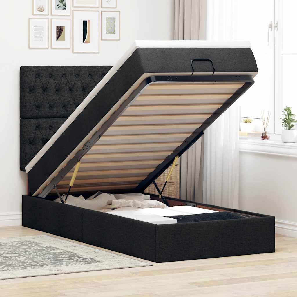 vidaXL Pat otoman cu saltea negru 100x200 cm stofa vidaXL Pat otoman cu saltea negru 100x200 cm stofa