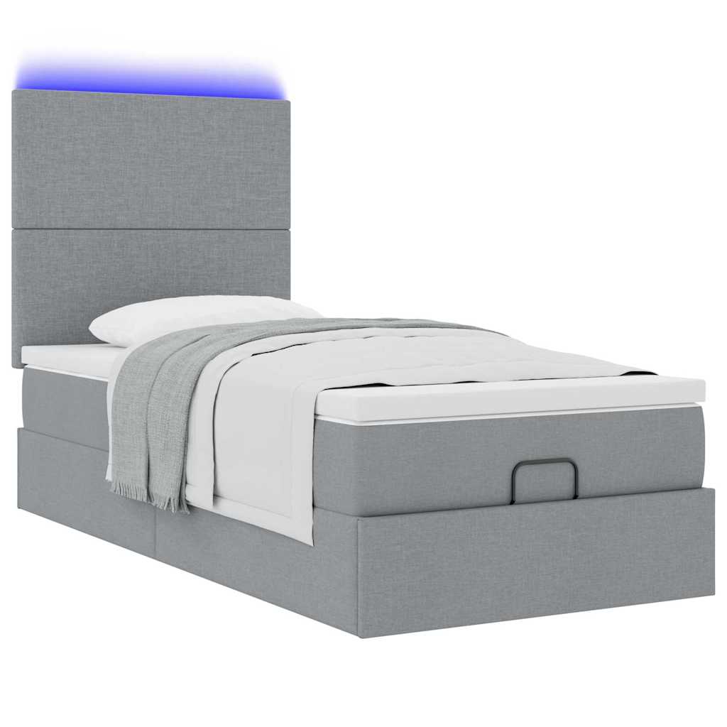 vidaXL Pat otoman cu saltea și LED-uri, gri deschis, 90x200 cm, textil