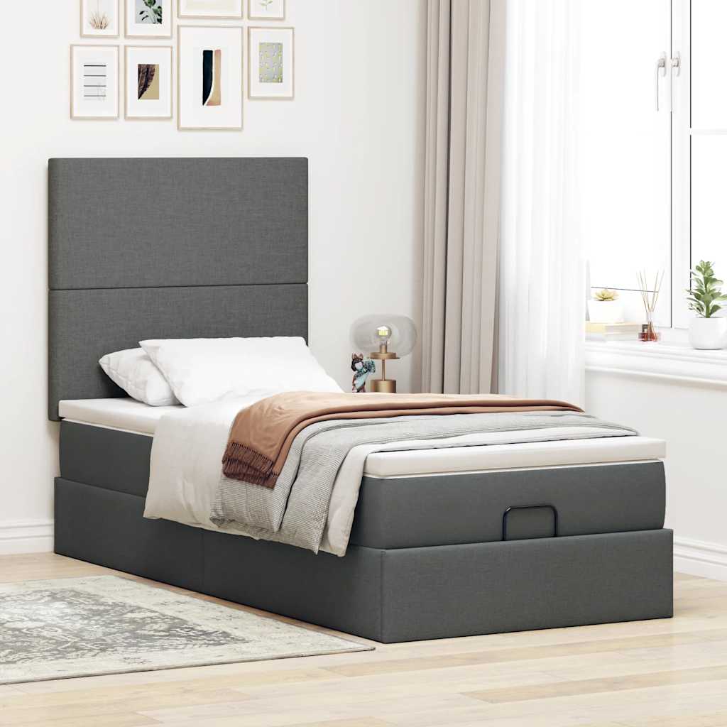 vidaXL Pat otoman cu saltea și LED-uri, gri închis, 90x200 cm, textil