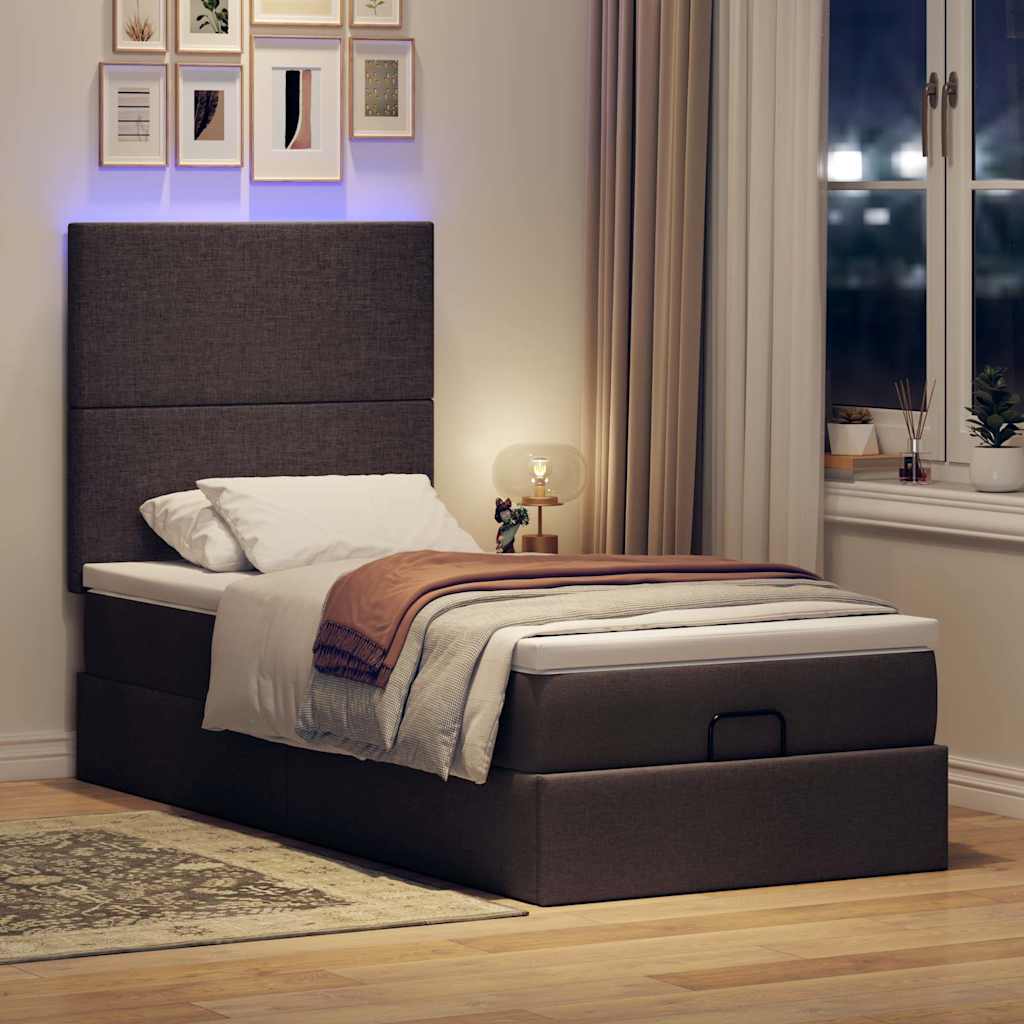 vidaXL Pat otoman cu saltea și LED-uri, maro închis, 90x200 cm, textil