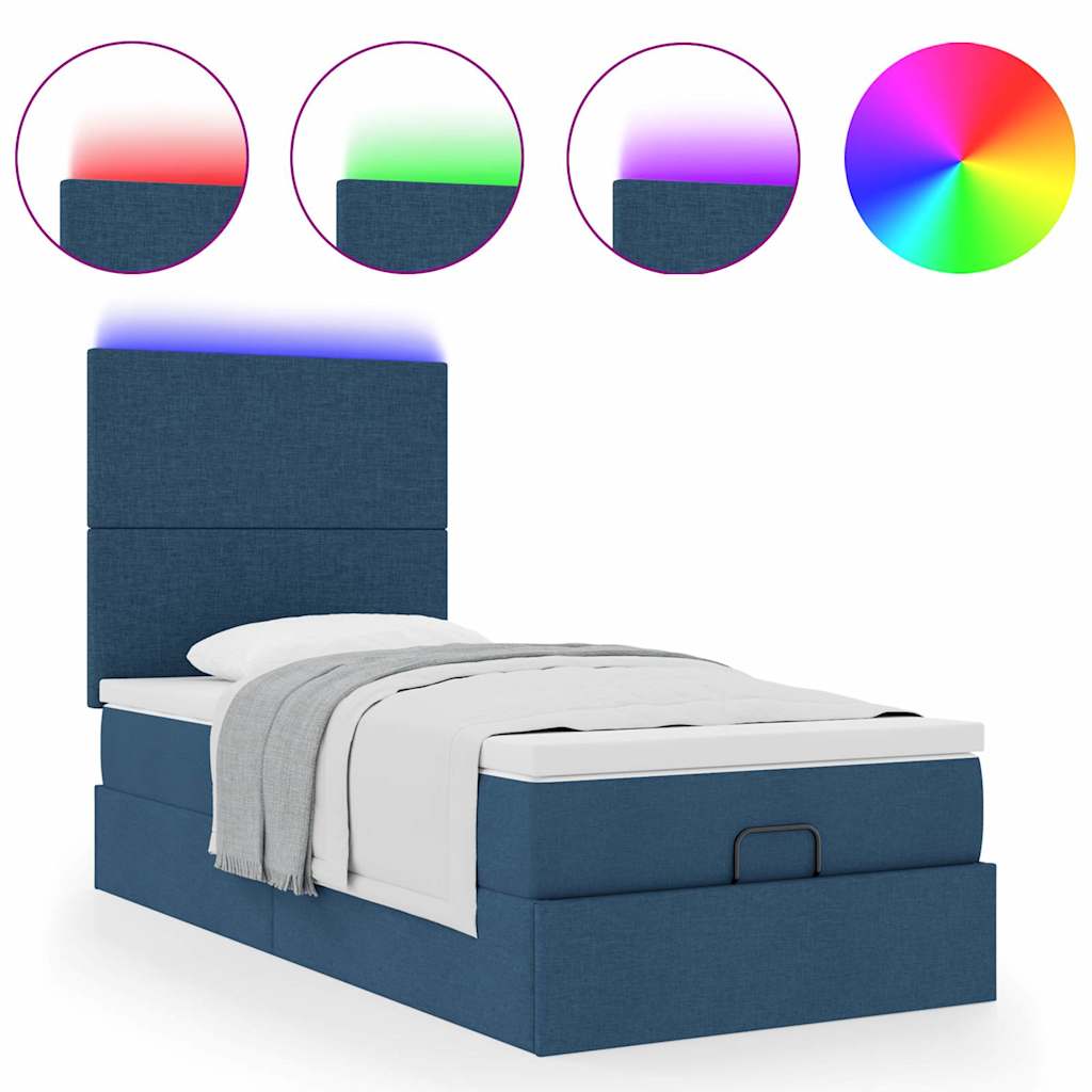 vidaXL Pat otoman cu saltea și LED-uri albastru 100x200 cm țesătură