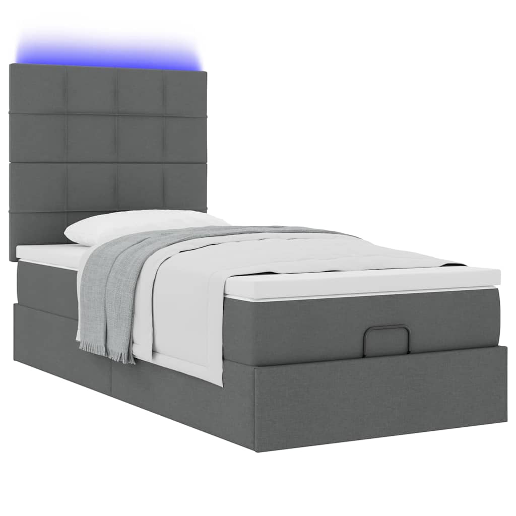 vidaXL Pat otoman cu saltea și LED-uri, gri închis, 90x200 cm, textil