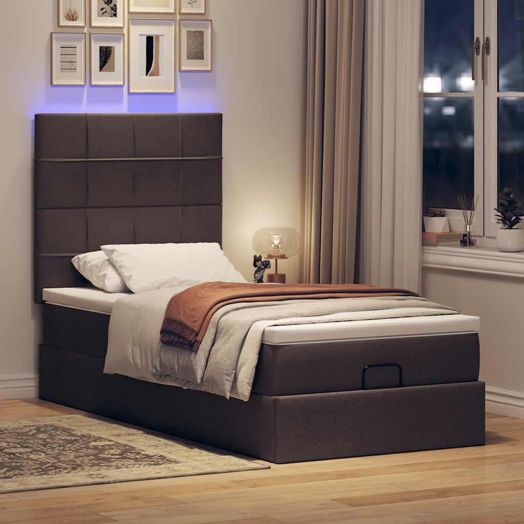 vidaXL Pat otoman cu saltea și LED-uri, maro închis, 90x200 cm, textil