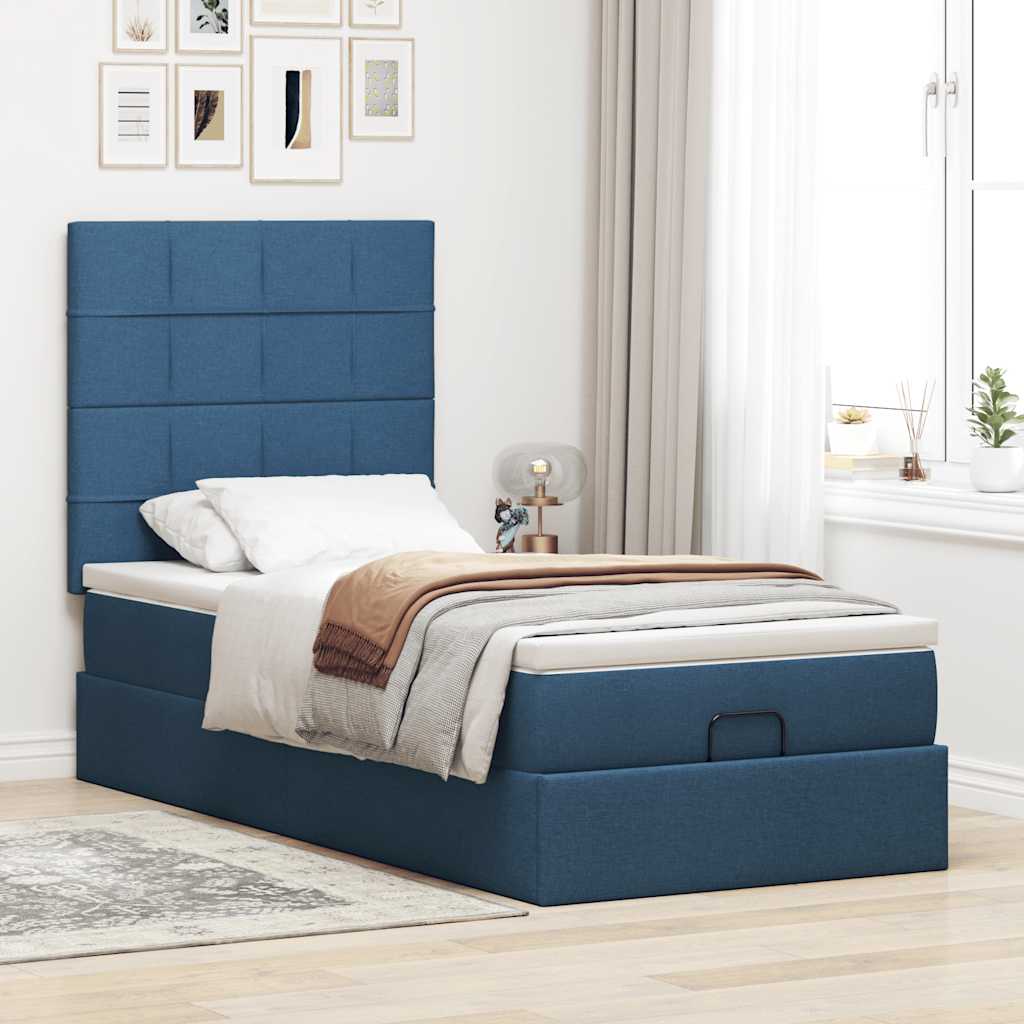 vidaXL Pat otoman cu saltea și LED-uri albastru 100x200 cm țesătură vidaXL Pat otoman cu saltea și LED-uri albastru 100x200 cm țesătură