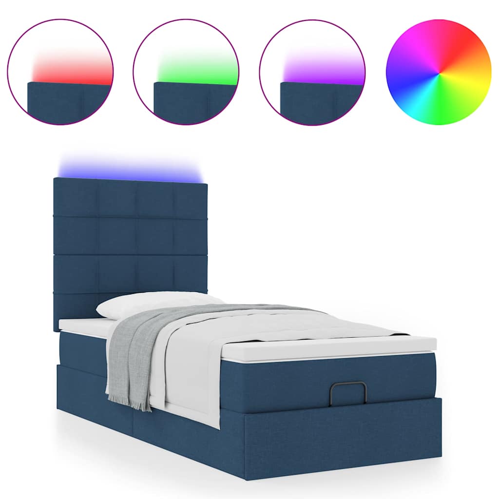 vidaXL Pat otoman cu saltea și LED-uri albastru 100x200 cm țesătură vidaXL Pat otoman cu saltea și LED-uri albastru 100x200 cm țesătură