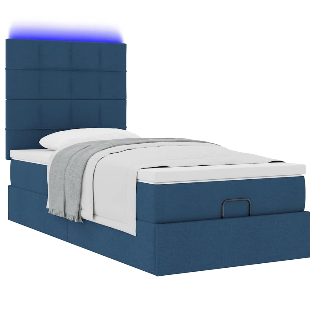 vidaXL Pat otoman cu saltea și LED-uri albastru 100x200 cm țesătură vidaXL Pat otoman cu saltea și LED-uri albastru 100x200 cm țesătură